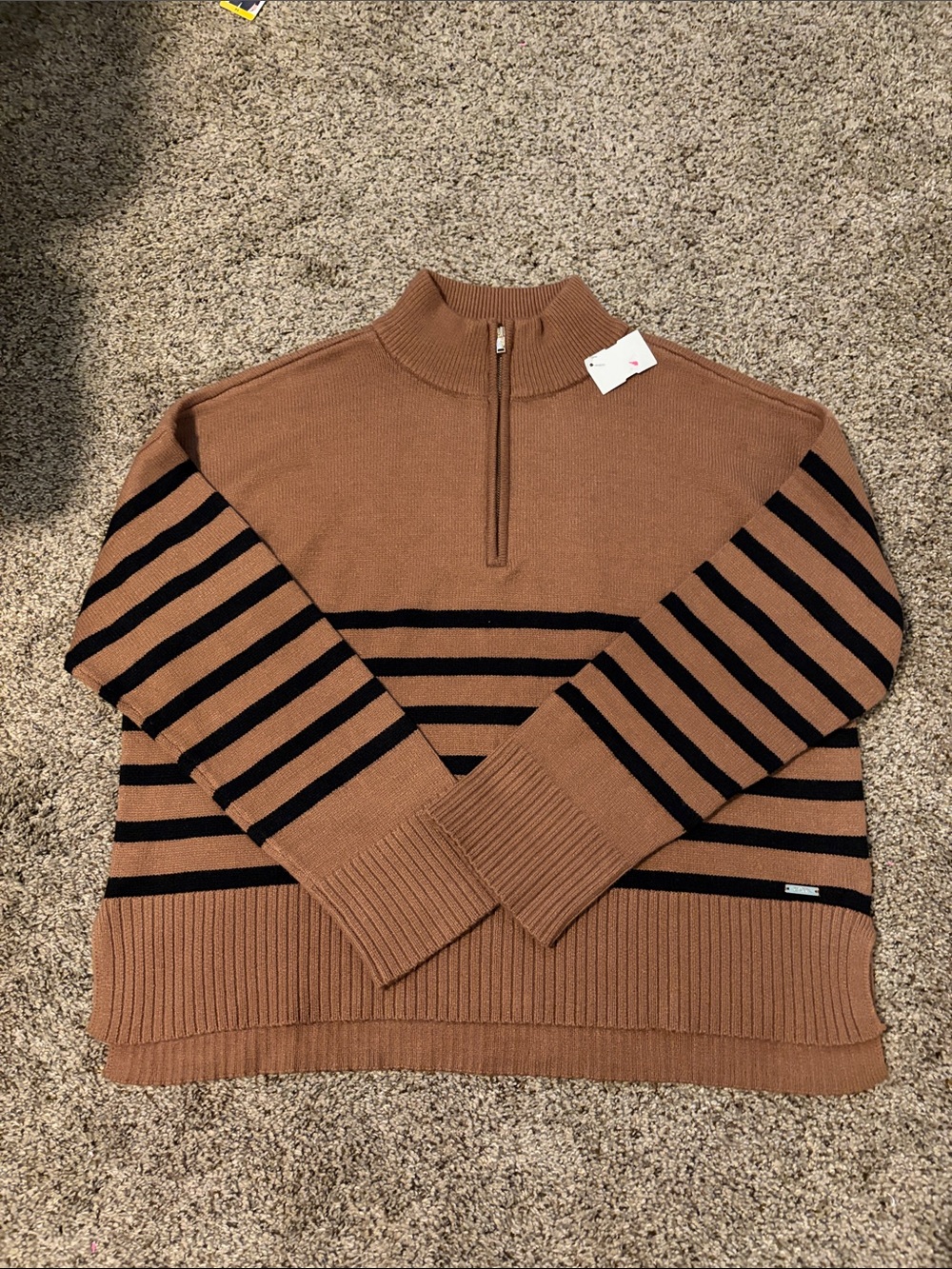 DKNY Women's Tan and Black Striped Half-Zip Sweater